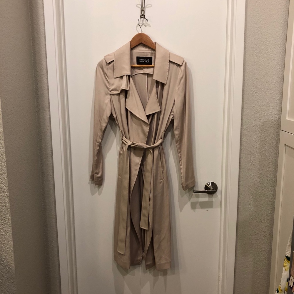 Faux Leather Trim Long Trench Coat